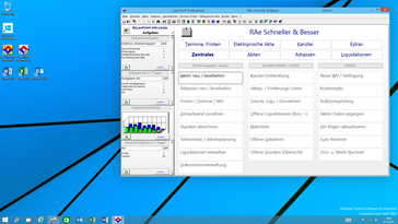 Windows 10 Kanzleisoftware Labortests - Windows 10 Desktop-Oberflche mit LawFirm Professional Hauptbersicht in modernem Design (Schaltflchen fr Touch- / Mobil-Gerte)