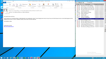 Windows 10 Anwaltssoftware Labortests - LawFirm Professional - Dokument Anzeige im Dokumenten-Viewer: hier eine per Drag & Drop in die Akten bernommene E-Mail aus Microsoft Outlook 2013 (Elektronische Akte, E-Akte, Dokumentenmanagement, DMS)
