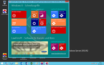 Windows Server 2012 R2 Kanzleisoftware Labortests - LawFirm Helper App - Direktzugang zu Startmen, Systemsteuerung, Druckerkonfiguration, Herunterfahren