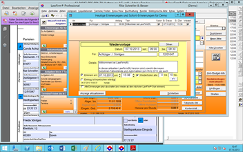 Windows Server 2012 R2 Anwaltssoftware Labortests - LawFirm Professional - Technik-Test mit der Erinnerungsfunktion in der Aufgabenverwaltung, im Hintergrund der Dokumentenviewer mit einer Fax-Vorschau-Anzeige